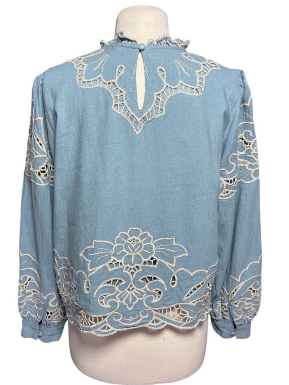 ANTHROPOLOGIE Women's Boho Lainie Linen Blend Blue Eyelet Cutout Top Large - Picture 6 of 9